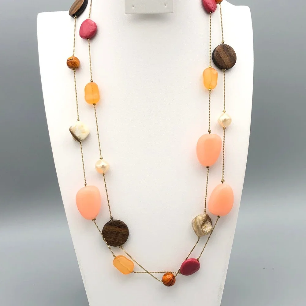 Long Beaded Station Necklace 48 in Multicolor Pearl Wood Glass Acrylic Gold Tone